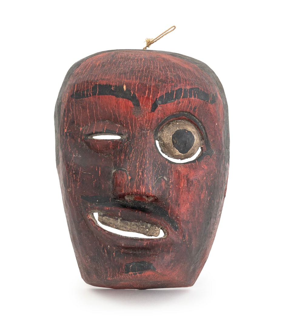 Japanese Polychromed & Carved Wood Noh Mask: Japanese Polychrome Painted and Caved Wood Noh Mask, with hand-painted red face and winking eye. 7.75" H x 5.5" W x 2.5" D. Provenance: From a New York City Estate. Keywords: Asian Art, Masque, Carvin