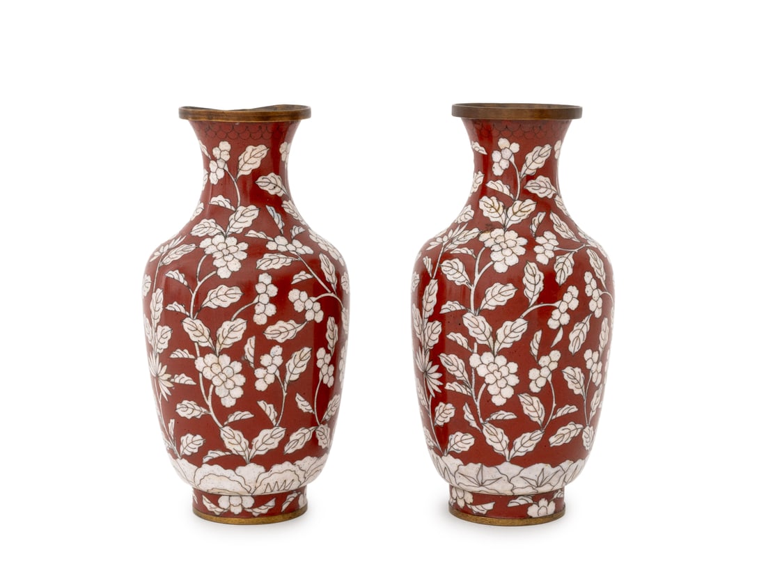 Chinese Red Ground Cloisonne Enamel Vases, Pair (1 of 9)
