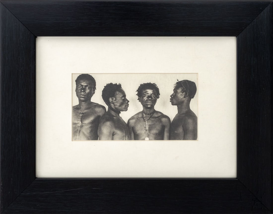 African Tribe Portraits Offset Lithograph: African Tribe Portraits, Offset Lithograph, ebonized wood frame. Image: 3.5" H x 6.25" W; frame: 10.75" H x 13.75" W x 1" D. Provenance: From a New Jersey Collection. Keywords: Photography, Print, Mul
