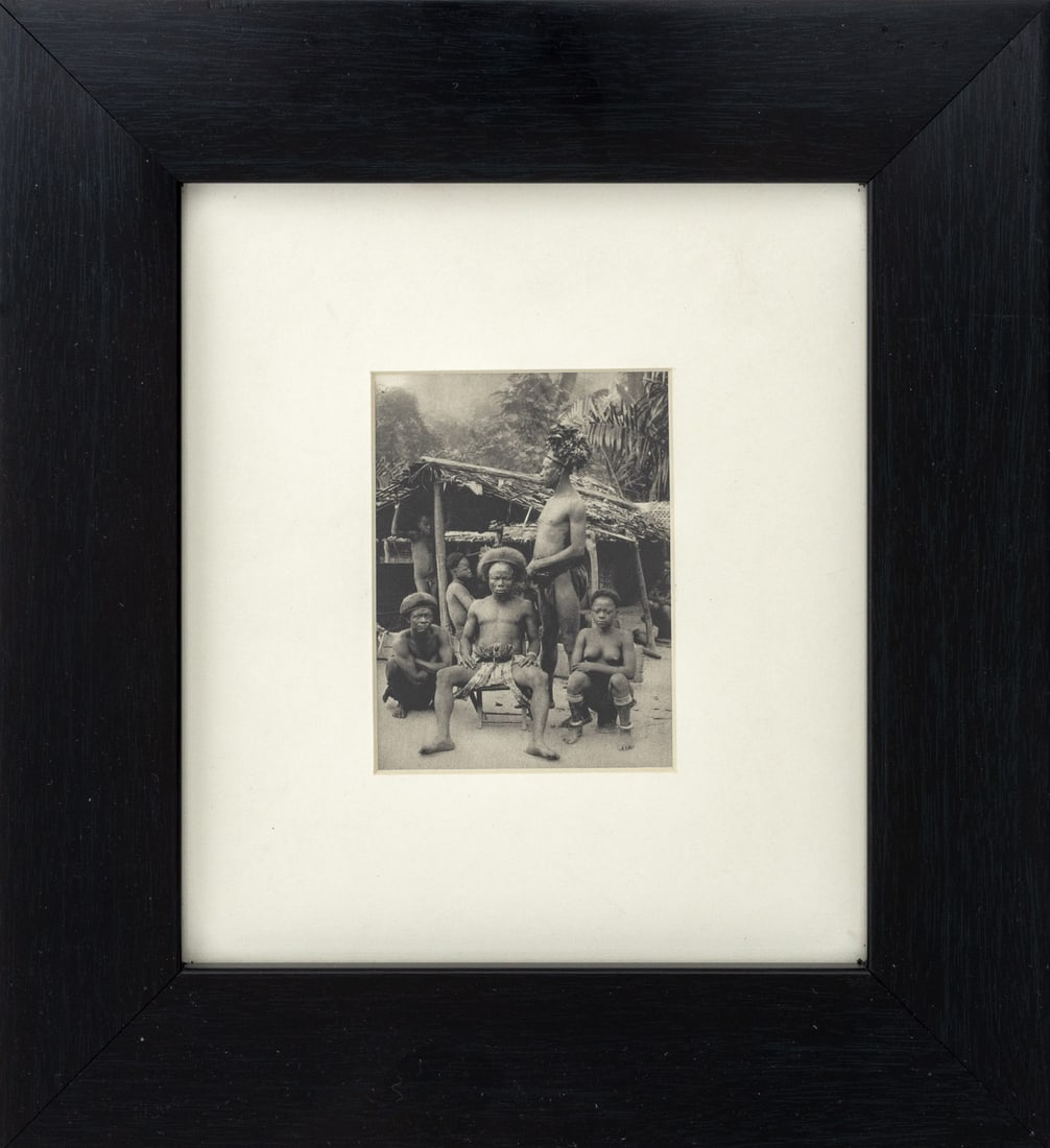 African Tribe Figural Group Offset Lithograph: African Tribe Figural Group, Offset Lithograph, ebonized wood frame. Image: 4" H x 3" W; frame: 11.25" H x 10.25" W x 1" D. Provenance: From a New Jersey Collection. Keywords: Photography, Print, Mult