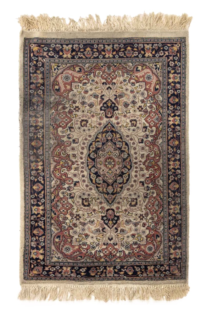 Pakistani Nain Rug, 3' 8" x 2' 1": Pakistani Nain Rug, with central floral medallion and "100 Hand Woven / Wool Pile" label to underside. 3' 8" L x 2' 1" W. Provenance: From a New York City Estate. Keywords: Small rugs, Carpets, Textil