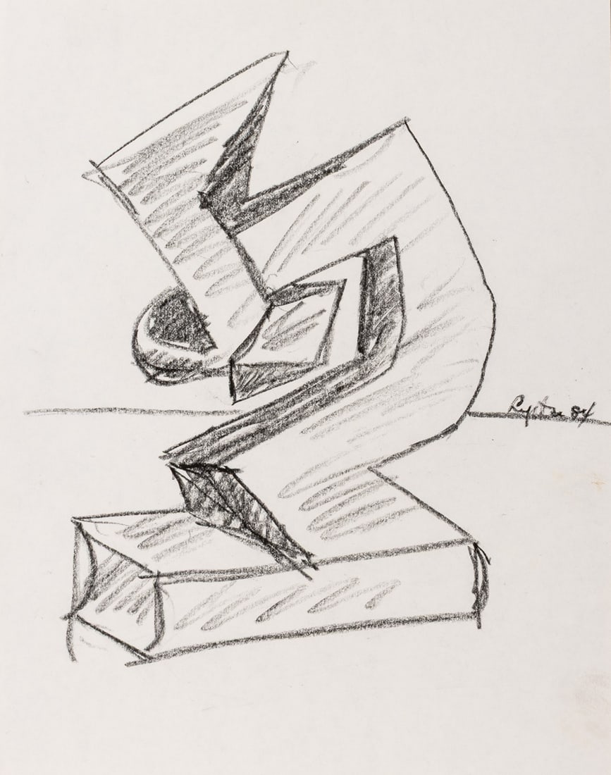 Seymour Lipton Sculpture Study Sketch, 1984: Seymour Lipton (American, 1903-1986), Abstract Expressionist Sculpture Study Sketch, Oil Crayon on Paper, 1984, signed and dated lower right, unframed. 11" H x 8.5" W. Provenance: From a Brooklyn Coll