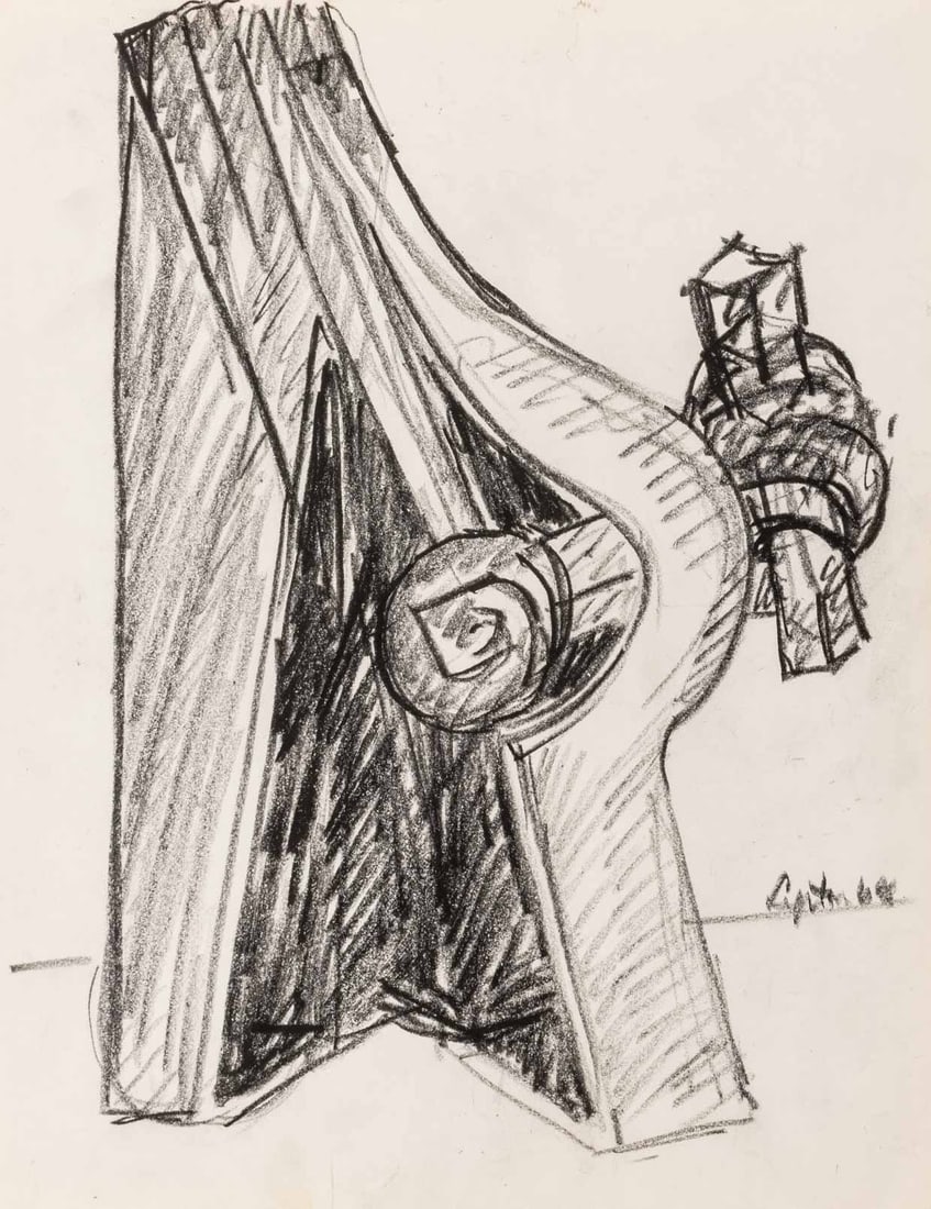 Seymour Lipton Sculpture Study Sketch, 1964: Seymour Lipton (American, 1903-1986), Abstract Expressionist Sculpture Study Sketch, Oil Crayon on Paper, 1964, signed and dated lower right, unframed. 11" H x 8.5" W. Provenance: From a Brooklyn Coll