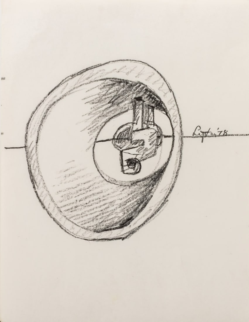Seymour Lipton Sculpture Study Sketch, 1978: Seymour Lipton (American, 1903-1986), Abstract Expressionist Sculpture Study, Oil Crayon on Paper, 1978, signed and dated mid-right, unframed. 11" H x 8.5" W. Provenance: From a Brooklyn Collection. K