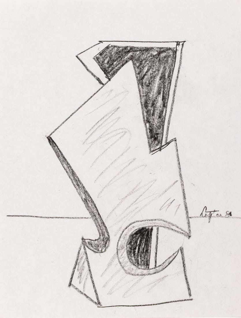 Seymour Lipton Sculpture Study Sketch, 1980: Seymour Lipton (American, 1903-1986), Abstract Expressionist Sculpture Study Sketch, Oil Crayon on Paper, 1980, signed and dated to right, unframed. 11" H x 8.5" W. Provenance: From a Brooklyn Collect