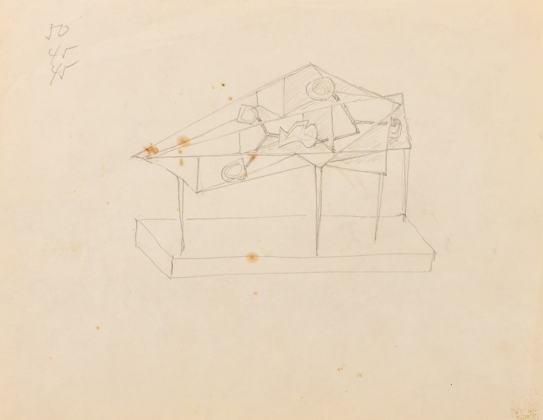 Seymour Lipton Sculpture Study Pencil on Paper: Seymour Lipton (American, 1903-1986), Abstract Expressionist Sculpture Study Sketch, Pencil on Paper, inscribed "50 / 45 / 45" upper left, unsigned, unframed. 8.5" H x 11" W. Provenance: From a Brookl