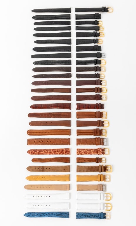 Leather Loose Watch Straps, 27: Collection of 27 Leather Loose Watch Straps, including: (5) five marked "Speidel", (4) four marked "deBeer", and (1) one marked "Hadley-Roma". Longest piece: 18mm x 123mm. Provenance: From a Manhattan