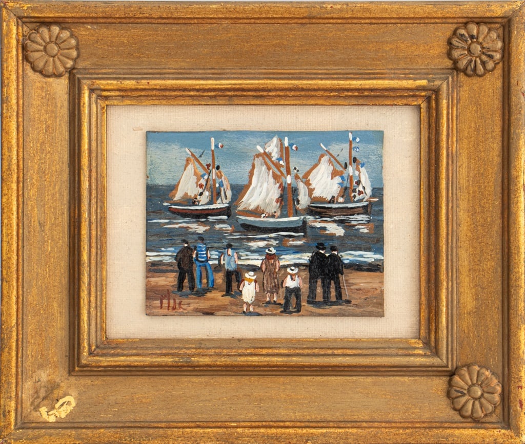 Illegibly Signed "Normandie" Oil on Canvas: Contemporary School, "Normandie", Oil on Canvas Board, possibly initialed "P/JC" lower left, inscribed verso, giltwood frame. Image: 3.75" H x 5" W; frame: 8.75" H x 10.75" W. Provenance: From a New Y