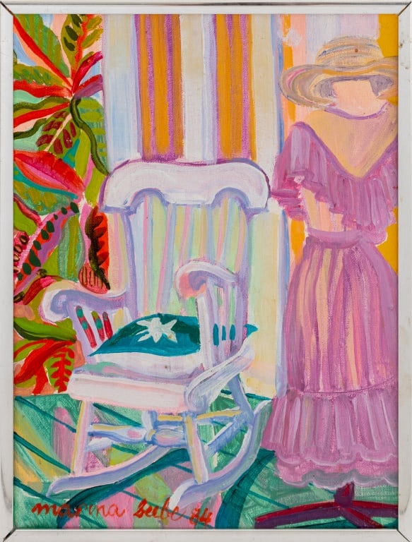 Marina Beebe "Mannequin and Rocker" Oil, 1984: Marina Beebe (American, b. 1938), "Mannequin and Rocker", Oil on Canvas, 1984, signed and dated lower left, silver metal frame. Image: 11.5" H x 8.5" W; frame: 12.25" H x 9.25" W. Provenance: From a N