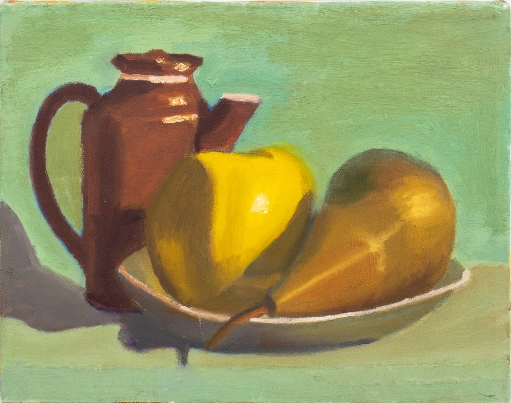 John Carew Still Life of Fruit Oil on Canvas, 1986: John Carew (American, XX), Still Life Scene of Fruit and Coffee Pot, Oil on Canvas, 1986, signed and dated verso, unframed. 8" H x 10" W. Provenance: From the Allen Tucker Memorial Collection. Keyword