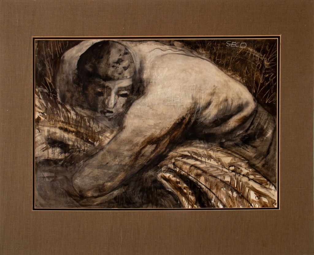 Javier Seco Nude Man Mixed Media on Paper: Javier Seco (Spanish, b. 1958), Nude Man, Mixed Media on Paper, chalk pastel and watercolor, signed upper right, unframed. Image: 17" H x 24.75" W; mat: 25" H x 32.5" W. Provenance: From a Brooklyn To