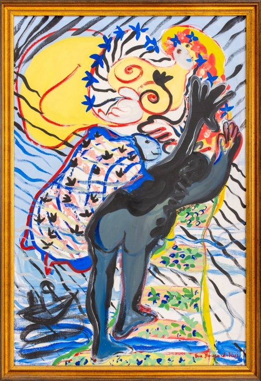 Eva Bouzard-Hui Abstract Figural Composition Oil: Eva Bouzard-Hui (American, 1936-2023), Abstract Figural Composition, Oil on Canvas, signed lower right, giltwood frame. Image: 36" H x 24" W; frame: 38.25" H x 26.5" W. Provenance: Eva Bouzard-Hui art