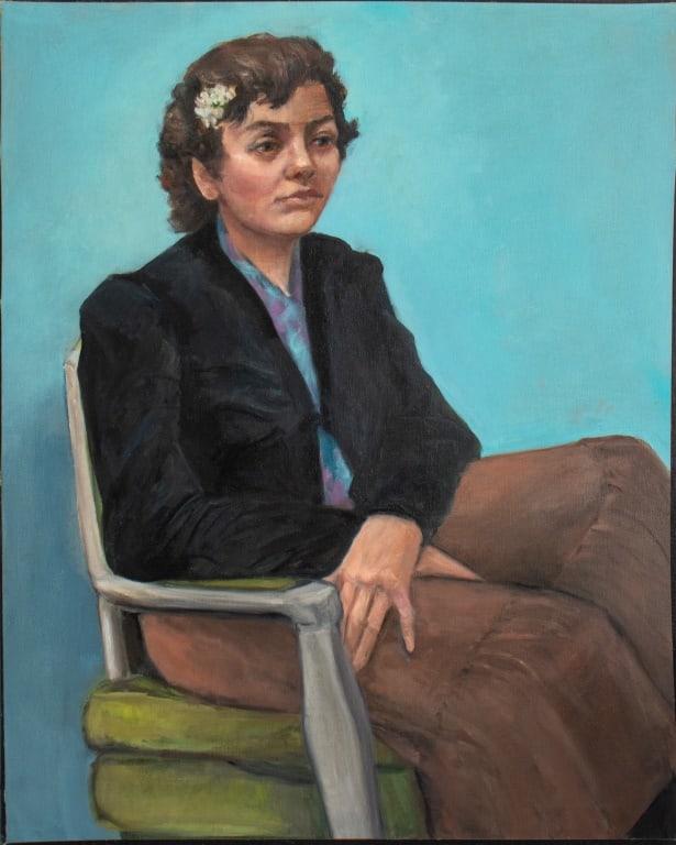 Penny Purpura Portrait of a Lady Oil on Canvas: Penny Purpura (American, XX-XXI), Portrait of a Seated Lady with Flower in Her Hair, Oil on Canvas, signed verso, unframed. 30" H x 24" W x 1" D. Provenance: Property from the Estate of the Artist. Ke