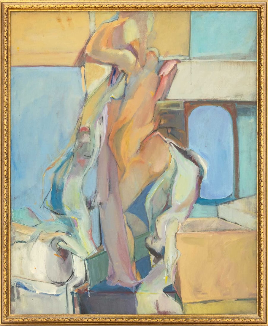 Post-Cubist Figural Boudoir Scene Oil on Canvas: Post-Cubist Figural Boudoir Scene, Oil on Canvas, unsigned, giltwood frame. Image: 26.75" H x 21.75" W; frame: 29" H x 24" W x 1.25" D. Provenance: From a New York City Collection. Keywords: Paintings