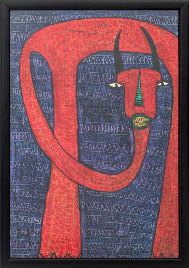Luis Miguel Suro "T Composition" Mixed Media, 1991: Luis Miguel Suro (Mexican, 1972-2004), "T. Composition", Mixed Media on Paper, 1991, depicting a red horned creature on a blue patterned ground, with artist's signature stamp lower right, black frame.