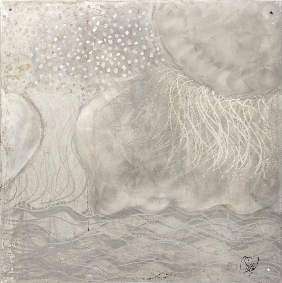 Illegibly Signed Landscape Scene Steel Panel: Contemporary School, Abstract Landscape Scene, Etched Steel Panel, illegibly signed lower right, unframed. 36" H x 36" W x 1" D. Provenance: From an East Village Estate. Keywords: Metal Art, Wall-hang