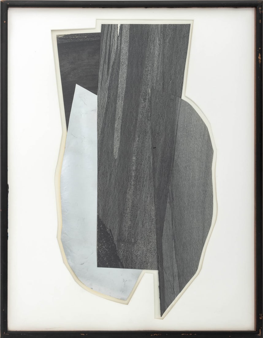 Henry Betak Geometric Composition Collage, 1989: Henry Betak (American, XX-XXI), Geometric Composition, Paper Collage, 1989, signed in pencil and dated lower right, ebonized wood frame. Image: 31.5" H x 16: W; frame: 36.25" H x 28.25" W x 1.75" D. P