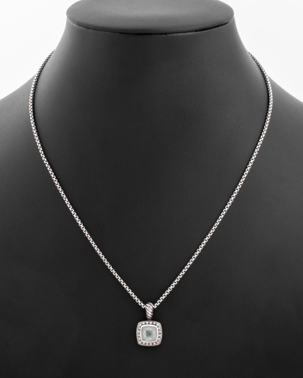David Yurman Petite Albion 925 Pendant Necklace: David Yurman Sterling Silver Petite Albion Pendant Necklace, featuring one pendant adorned with one faceted white topaz approx. 7 x 7 mm., further adorned with 20 round brilliant cut diamonds weighing