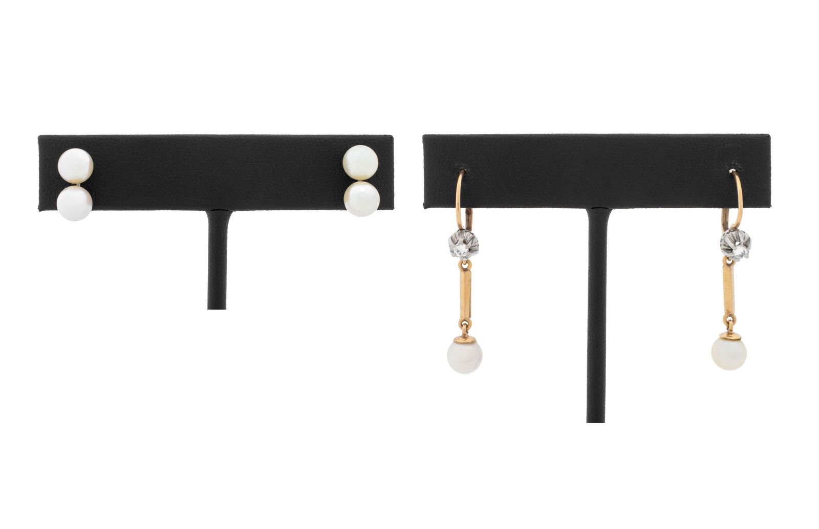 18K and 14K Gold Pearl Diamond Earclips Set: Two Pairs of Gold, Pearl, and Diamond Clip Earrings, 18K yellow gold earrings, decorated with two round cultured pearls approx. 6.5 - 7.0 mm, further qdorned with two round brilliant diamonds weighing