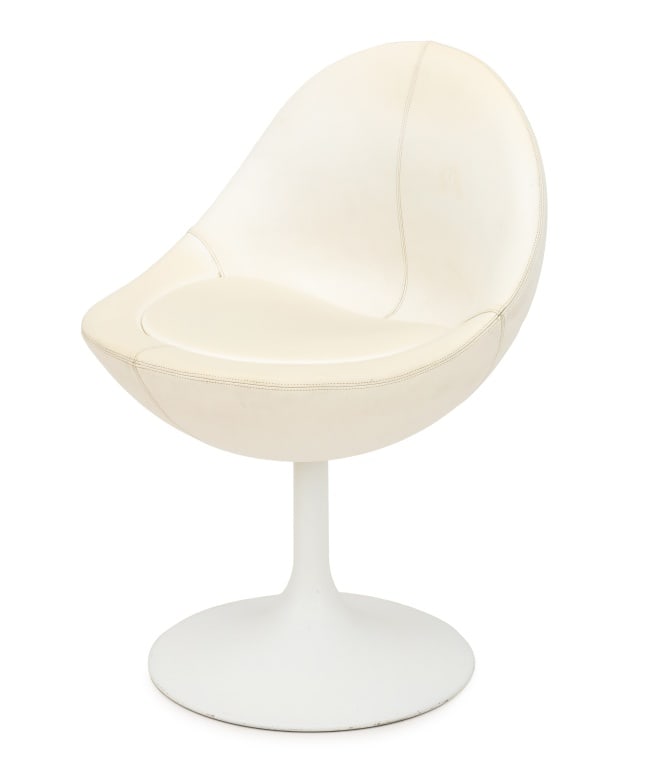 Borje Johanson "Venus" Swivel Chair, 1960s: Borje Johanson "Venus" Swivel Chair, 1960s, with white leather upholstered seat above white patinated metal tulip base, with "Johanson Design" label to the underside. 29" H x 20.25" W x 18" D; seat: 1