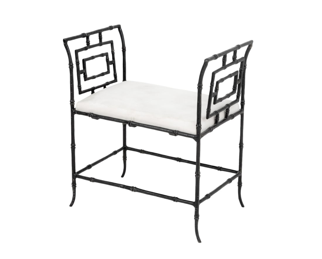 Bamboo Motif Cast Iron Window Seat: Bamboo Motif Black Patinated Cast Iron Window Seat, with upholstered cushion and Global Views label to underside. 28.5" H x 25.5" W x 16.25" D; seat: 19.5" H. Provenance: From a Brooklyn Collection. K