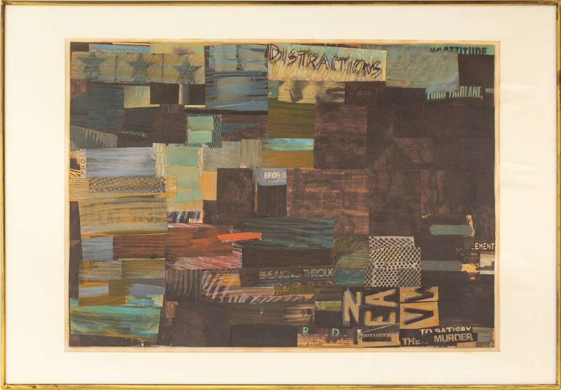 Joan Banach Abstract Mixed Media Collage, 1981: Joan Banach (American, b. 1953), Abstract Composition, Mixed Media Collage, 1981, newsprint and paper, with oil pastel drawings, signed and dated lower right, gold-tone metal frame. Image: 21.5" H x 3