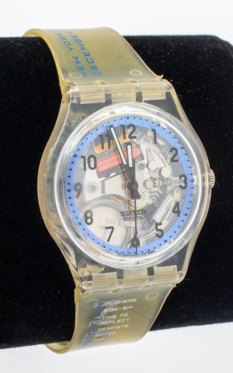 Worldwide Swatch Auction Limited Edition Watch: Swatch Clear Plastic Wristwatch, limited edition made for the Worldwide Swatch Auction, Sotheby's x God's Love, We Deliver, New York City, 3 December 2001, Swiss movement, water resistant, etched seri