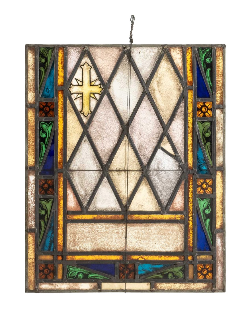 Ecclesiastical Leaded Glass Window Panel: Ecclesiastical Leaded Glass Window Panel, with cross to upper left quadrant. 26" H x 21" W. Provenance: From a New York City Collection. Keywords: Antique, Glass Art Stained glass, Architectural, Reli