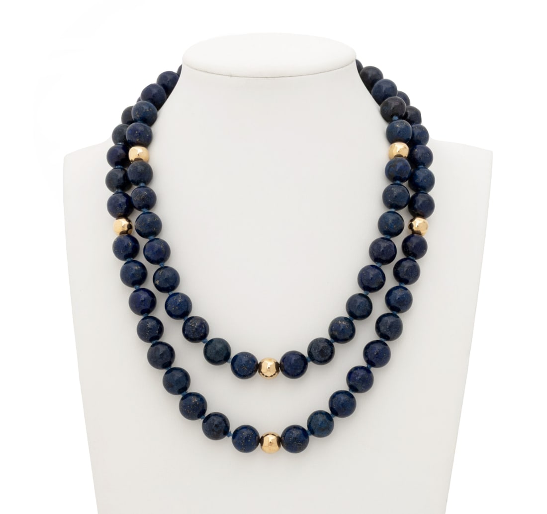 Lapis Lazuli and 14K Yellow Gold Bead Necklace: Lapis Lazuli abd 14K Yellow Gold Bead Necklace, featuring fully drilled round lapis beads approx. 9.5 - 10.0 mm, with eight round 14K yellow gold rondelle beads approx. 7.5 - 8.0 mm, strung on silk co