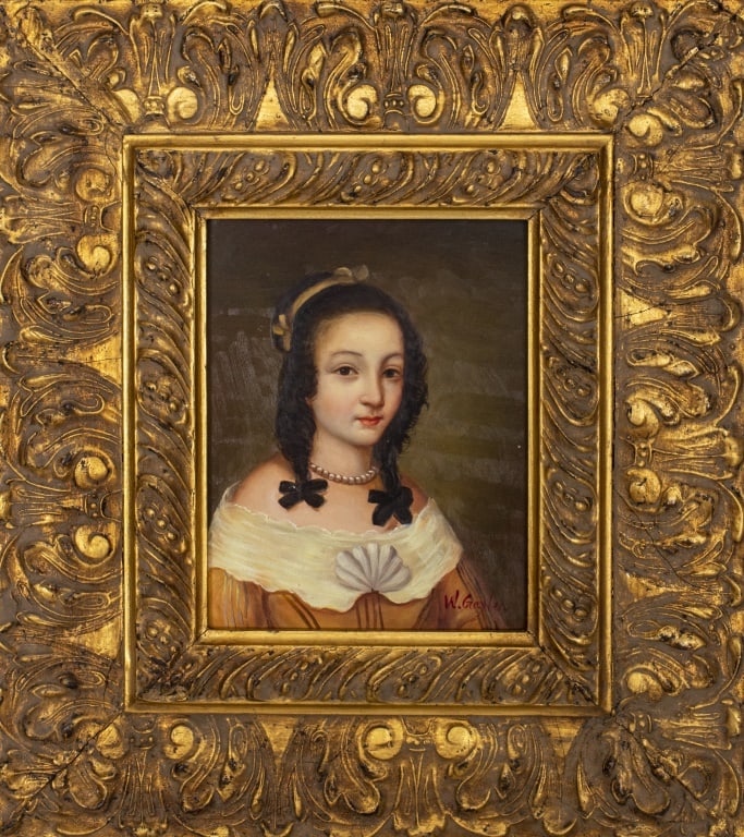American School Portrait of a Girl Oil, 19th C.: American School, Portrait of a Girl, Oil on Panel, signed "W. Gaylen" lower right, carved giltwood frame. Image: 9.5" H x 7.25" W; frame: 20" H x 17.75" W x 1.5" D. Provenance: From a New York City Co