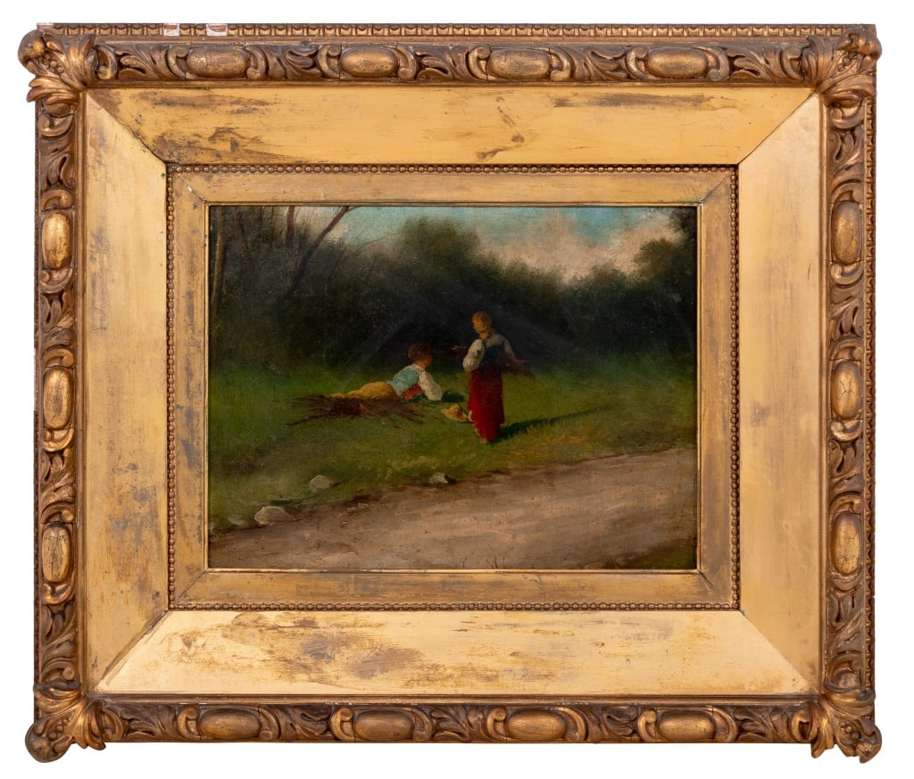 American School Collecting Firewood Oil, 19th C.: American School, Collecting Firewood, Oil on Canvas, 19th century, unsigned, giltwood frame. Image: 9" H x 12" W; frame: 17.25" H x 20" W. Keywords: Paintings, Oil painting, Works on Canvas, Figural,