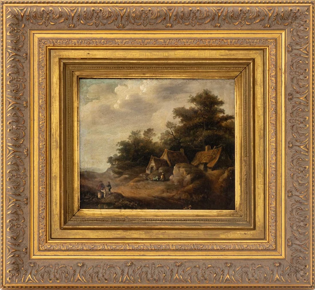 French School Landscape with Cottage Oil on Canvas: French School, Landscape Scene with Cottage, Oil on Canvas, apparently unsigned, giltwood frame. Image: 9.75" H x 11.5" W; frame: 21.25" H x 23.25" W x 2.5" D. Provenance: From a New York City Collect