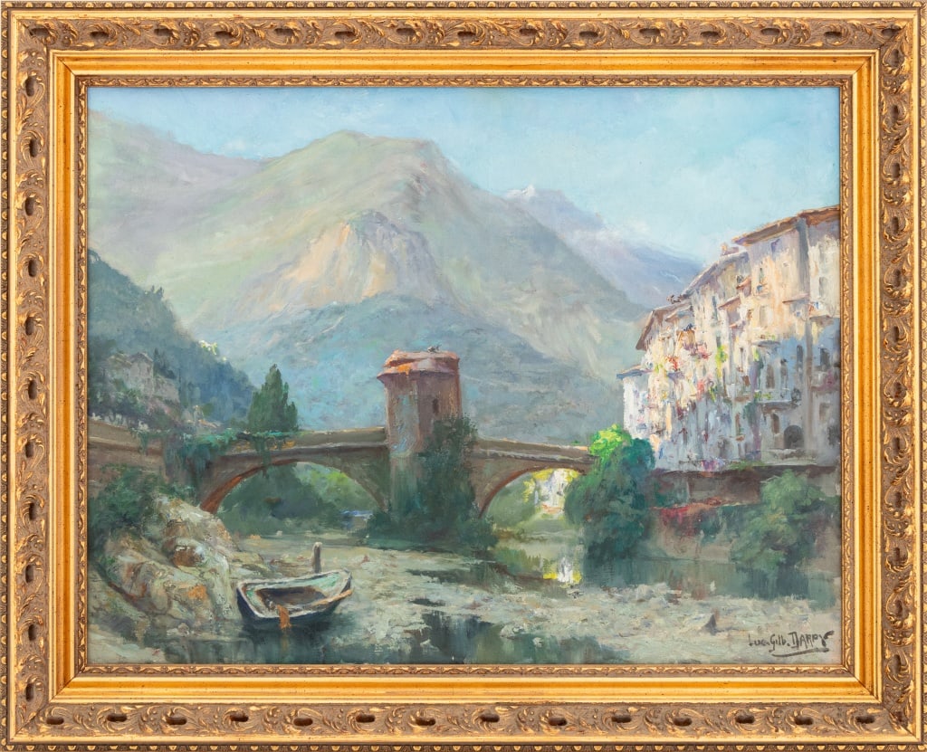 Lucien Gilbert Darpy Old Bridge at Sospel Oil: Lucien Gilbert Darpy (French, b. 1875), Old Bridge at Sospel, Oil on Canvas, early 20th century, signed "Luc. Gilb. Darpy" lower right, giltwood frame. Image: 19.25" H x 25" W; frame: 25" H x 30.75" W