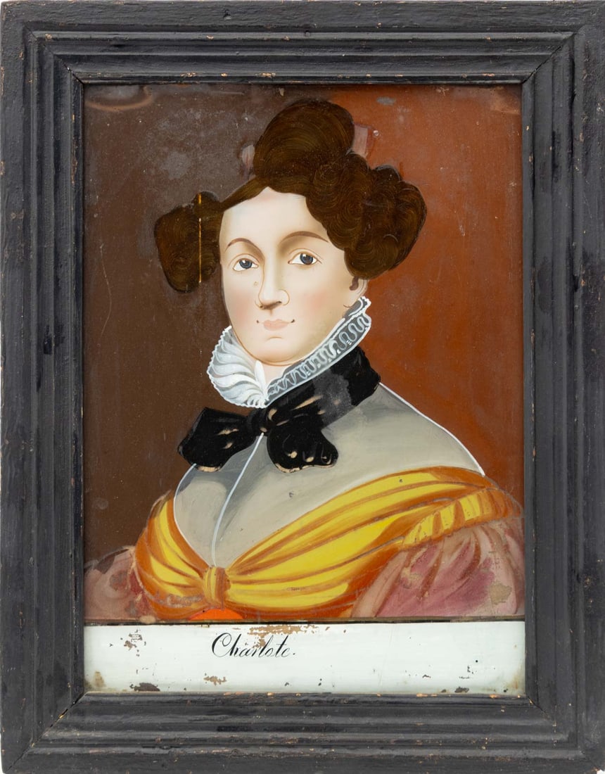 European School "Charlote" Reverse Painted Glass: Continental School, "Charlote", Reverse Painted Glass Portrait, black painted wood frame. Image: 9.5" H x 6.75" W; frame: 12.25" H x 9.5" W. Provenance: From a Brooklyn townhouse. Keywords: Reverse Gl