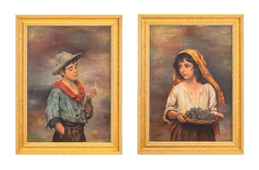 After Eugene von Blaas Portraits Oil on Canvas, 2: After Eugene von Blaas (Austrian, 1843-1932), Pair of Portraits, Oil on Canvas, 1914, one depicting a young boy smoking, and one a young girl with basket of violets, each signed "Krentel" and dated, l