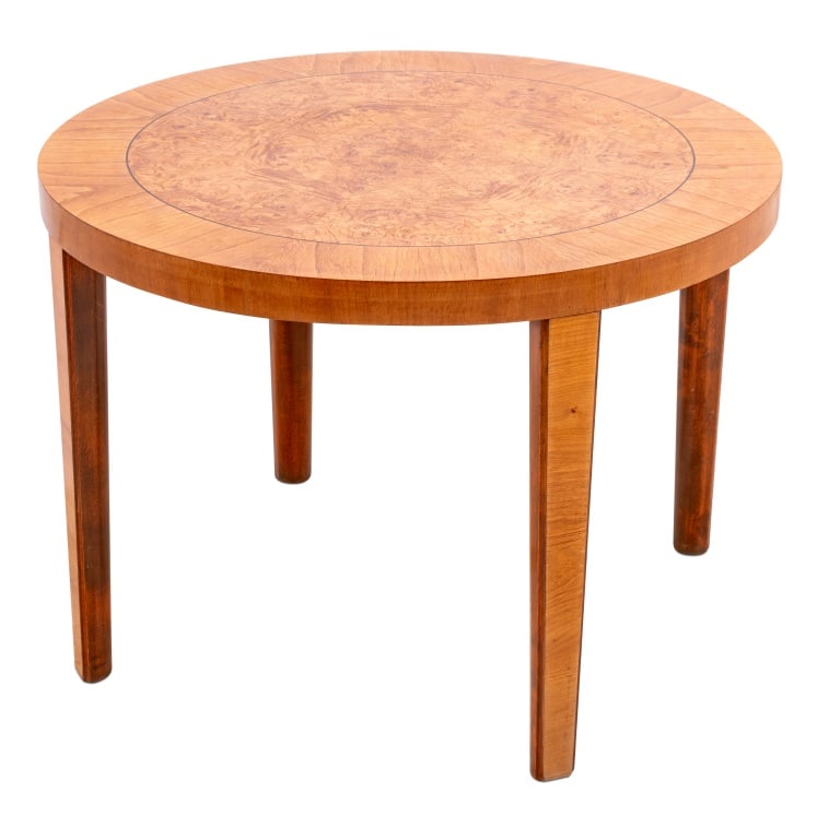 Art Deco Burl Elm Circular Occasional Table: Art Deco Burr Elm and Elm Circular Occasional Table, 20th century, on square tapering legs. 23.75" H x 33.5" Diameter. Keywords: Vintage Furniture, Art Deco, Burlwood, Coffee table, Side table, Accent