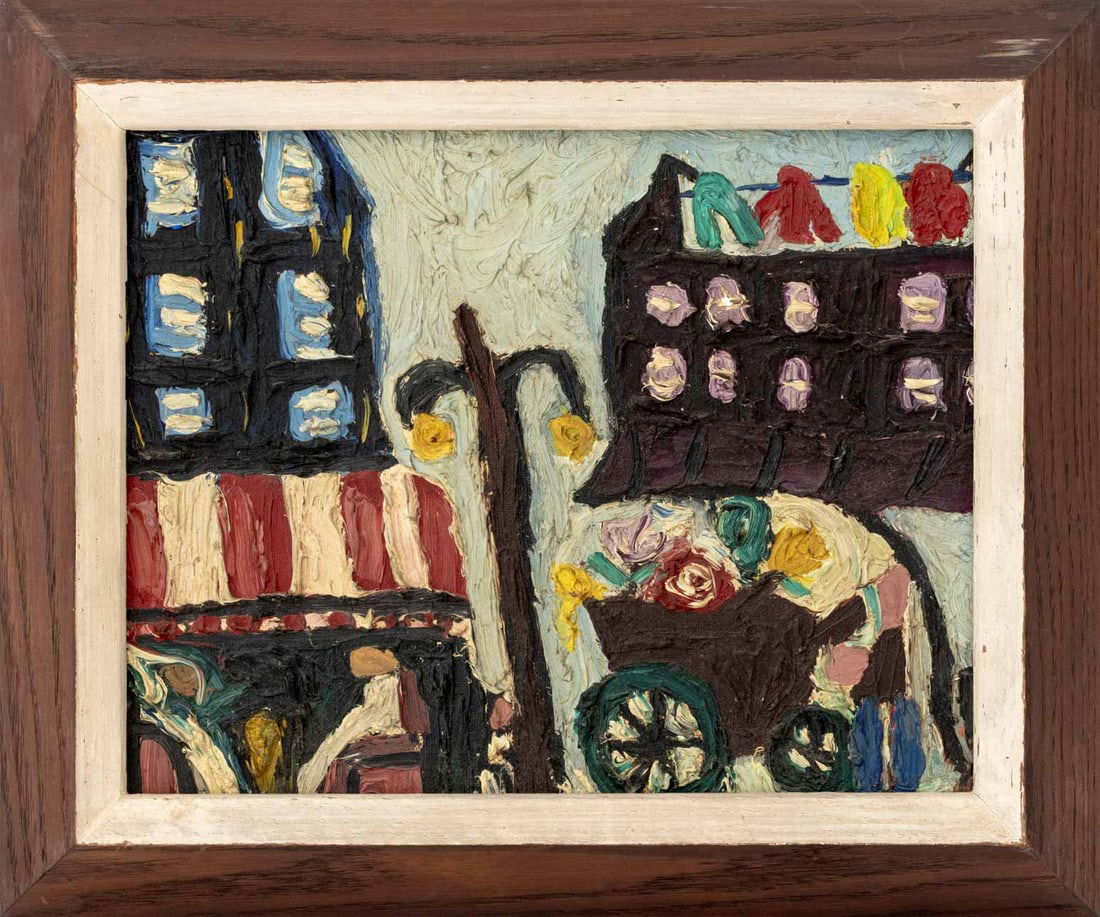 N. Berman Street Vendors Oil on Canvas: N. Berman (XX), Street Vendors, Oil on Canvas Panel, unsigned, gray wood frame. Image: 7" H x 9.25" W; frame: 10.5" H x 12.5" W x 3" D. Provenance: From a New Jersey Collection. Keywords: Paintings, O