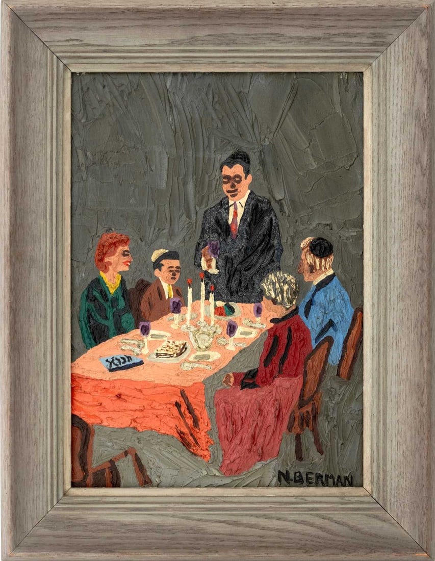 N. Berman Seder Scene Oil on Canvas: N. Berman (XX), Seder Scene, Oil on Canvas, signed lower right, gray wood frame. Image: 13.5" H x 9.5" W; frame: 18" H x 14" W x 3" D. Provenance: From a New Jersey Collection. Keywords: Paintings, Oi