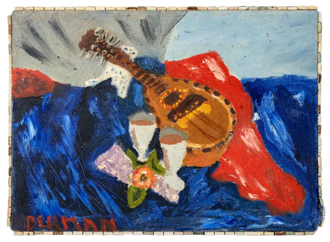 N. Berman Still Life with Mandolin Mixed Media: N. Berman (XX), Still Life Scene with Mandolin, Mixed Media on Canvas, signed "Berman" lower left, ceramic tiles surrounding canvas. Overall: 10.5" H x 14.5" W x 1.5" D. Provenance: From a New Jersey