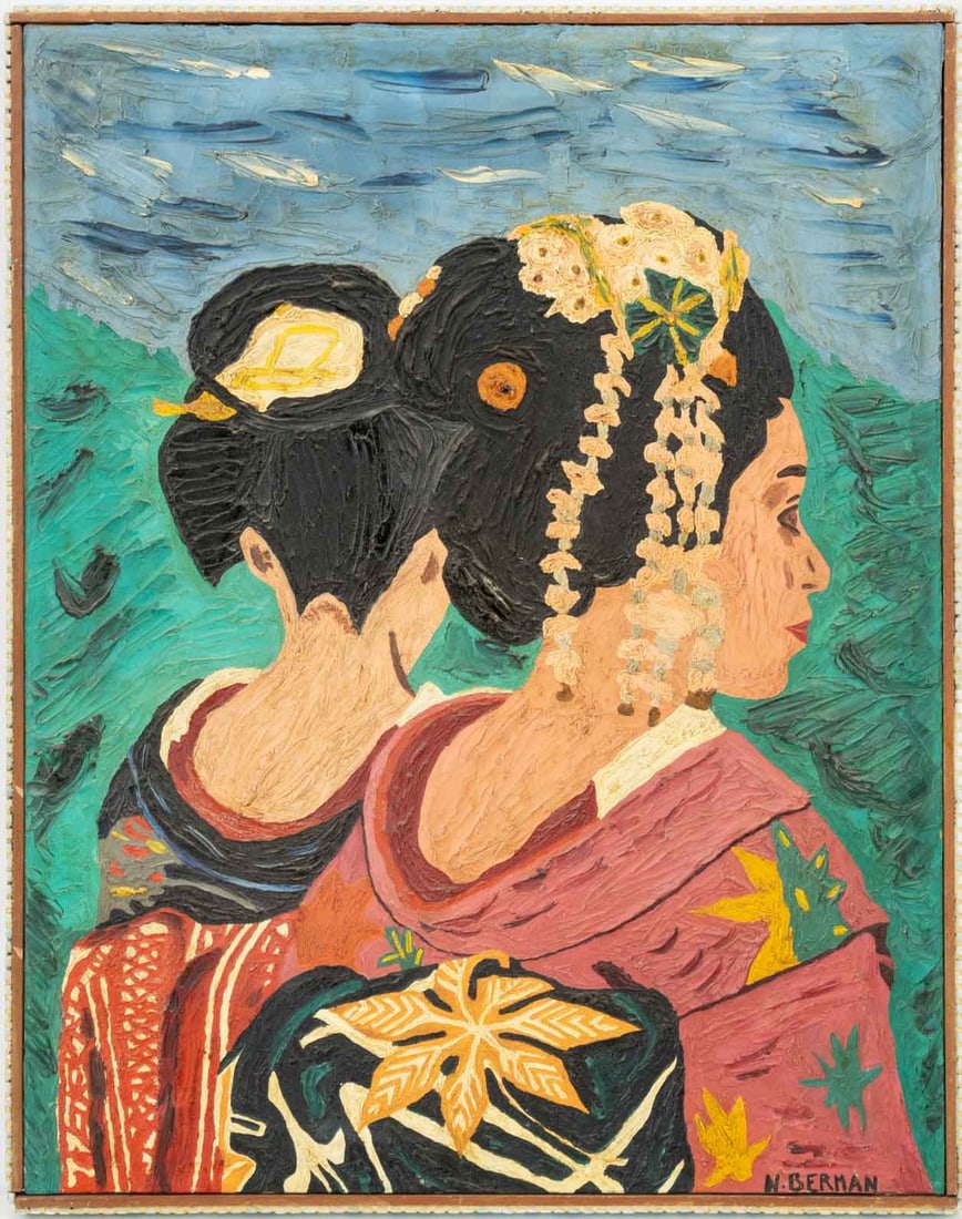 N. Berman Two Japanese Women Oil on Canvas: N. Berman (XX), Two Japanese Women, Oil on Canvas, signed lower right, blue glazed ceramic tile frame. Image: 28" H x 22" W; frame: 29.25" H x 23" W x 1.25" D. Provenance: From a New Jersey Collection