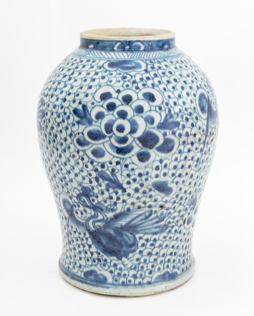 Chinese Phoenix Motif Blue & White Porcelain Vase: Chinese Phoenix Motif Blue and White Glazed Porcelain Vase. 14" H x 8.5" Diameter. Provenance: From the Upper East Side Apartment of a Former Ambassador. Keywords: Asian Art, China, Pottery, Ceramics,