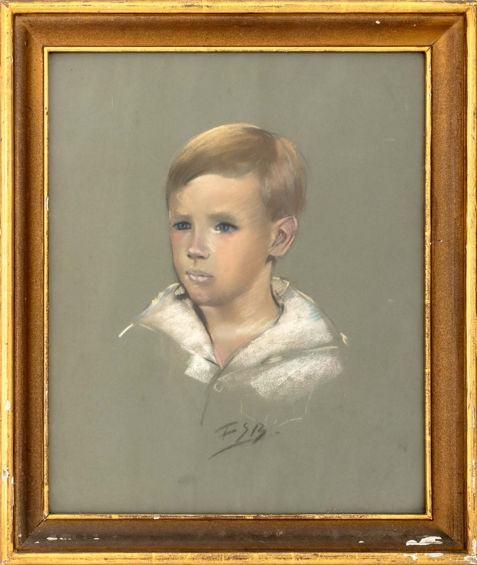 American School Portrait of a Boy Pastel on Paper: American School, Portrait of a Boy, Pastel on Gray-Toned Paper, signed "FSB" lower center, giltwood frame. Image: 21.25" H x 17.25" W; frame: 25.75" H x 22" W x 1.25" D. Provenance: From a New Jersey