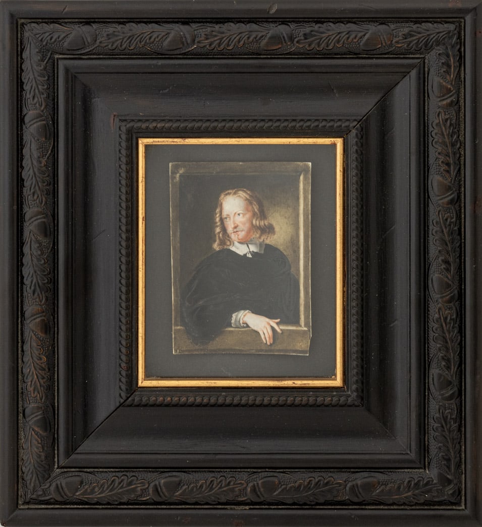 French Gilles Blondeau Portrait Miniature, 17th C.: French School, Portrait of Gilles Blondeau Miniature Painting, 17th century, unsigned, carved wood frame. Image: 4.5" H x 3.25" W; frame: 12.5" H x 11.5" W x 1" D. Provenance: From an Upper East Side,