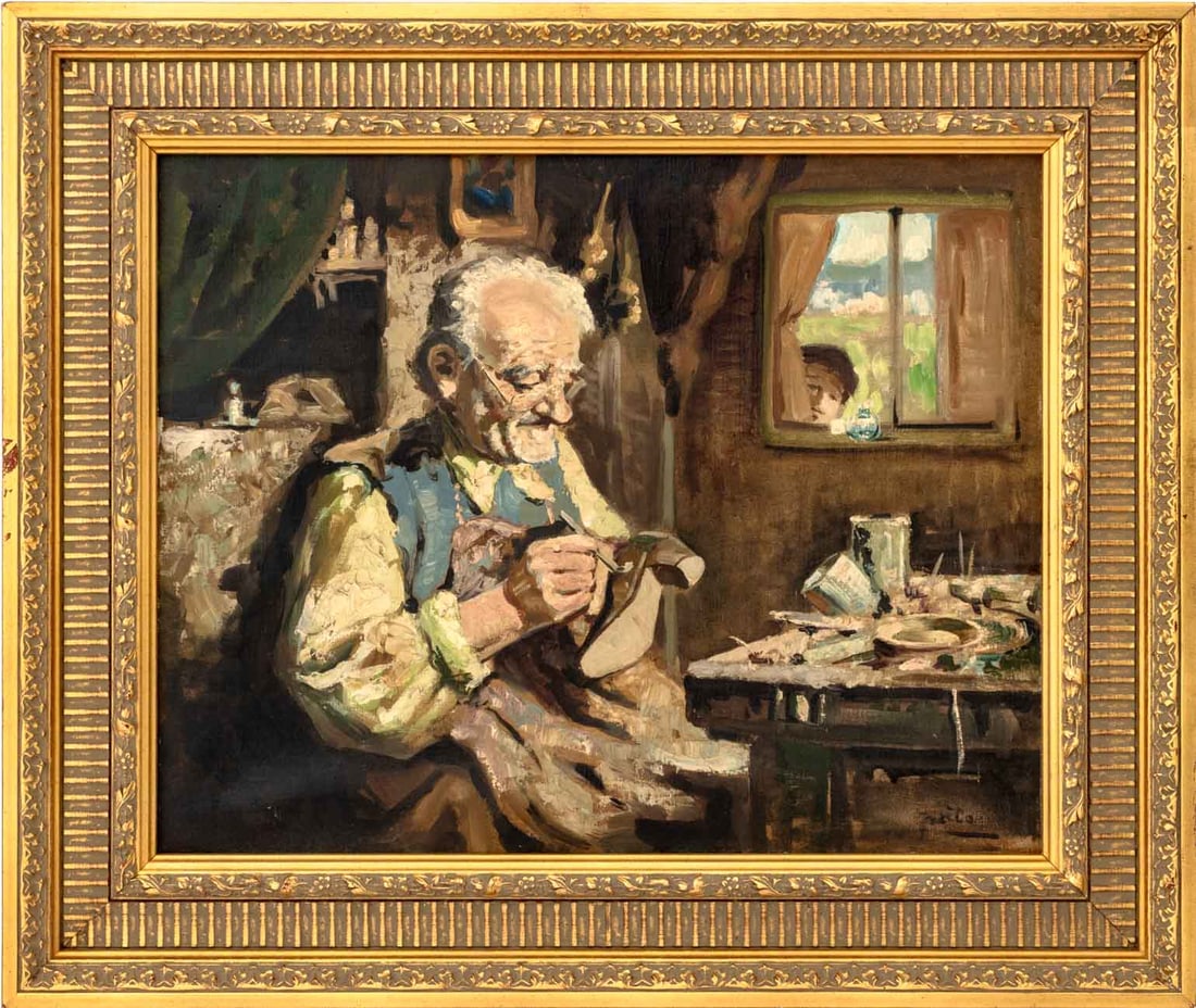 Italian Portrait of a Cobbler Oil on Canvas: Italian School, Portrait of a Cobbler, Oil on Canvas, illegibly signed lower right, gilt frame. Image: 15.25" H x 19.25" W; frame: 21.5" H x 25.5" W x 1.5" D. Provenance: From a New Jersey Collection.