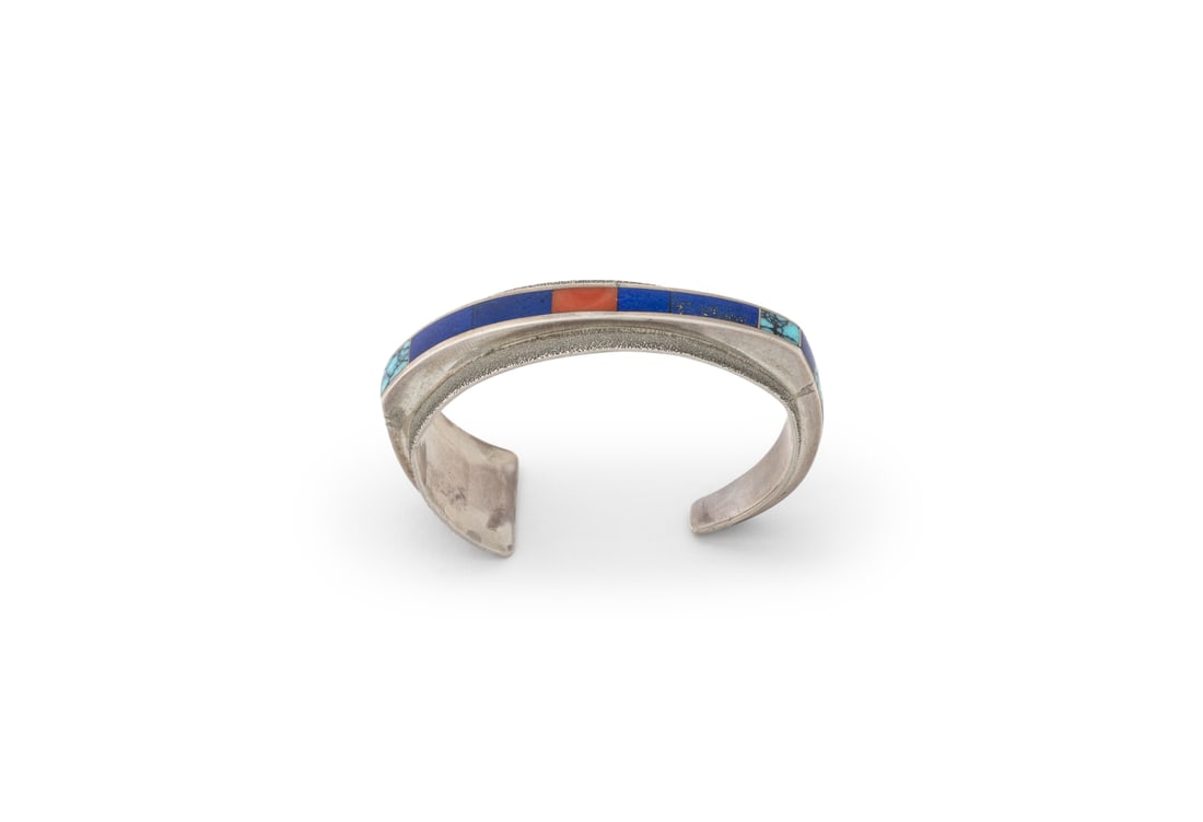 Michael Kirk Stone Inlay Sterling Silver Cuff: Michael Kirk Multi-Stone Inlaid Sterling Silver Inlay Cuff, designed as sterling silver with inlaid coral, lapis lazuli, and turquoise, worn as slip on wrist cuff bangle without clasp, marked: "M KIRK