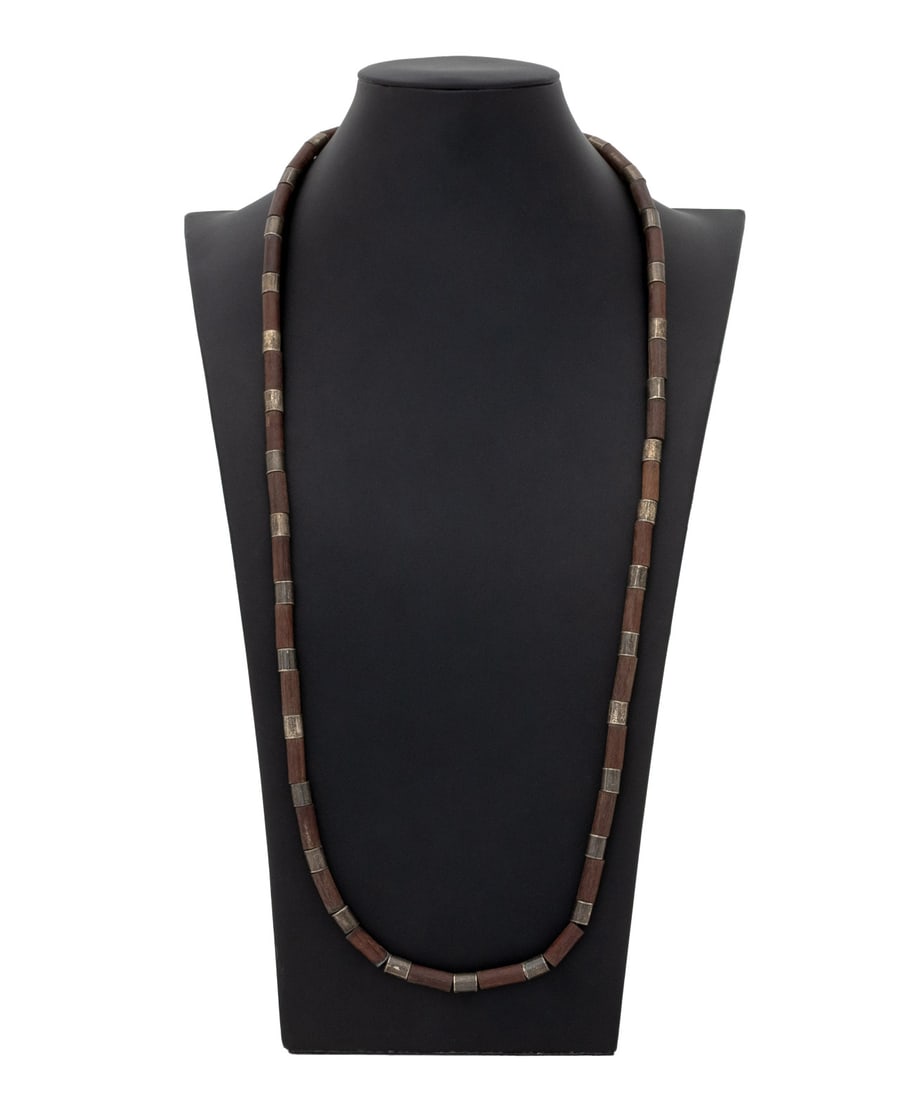 Taxco Sterling Silver Wood Bead Necklace: Taxco Sterling Silver Wood Bead Necklace, featuring fully drilled cylindrical wood beads with alternating fully drilled sterling silver cylindrical beads, strung on nylon cord, joined with box and ton