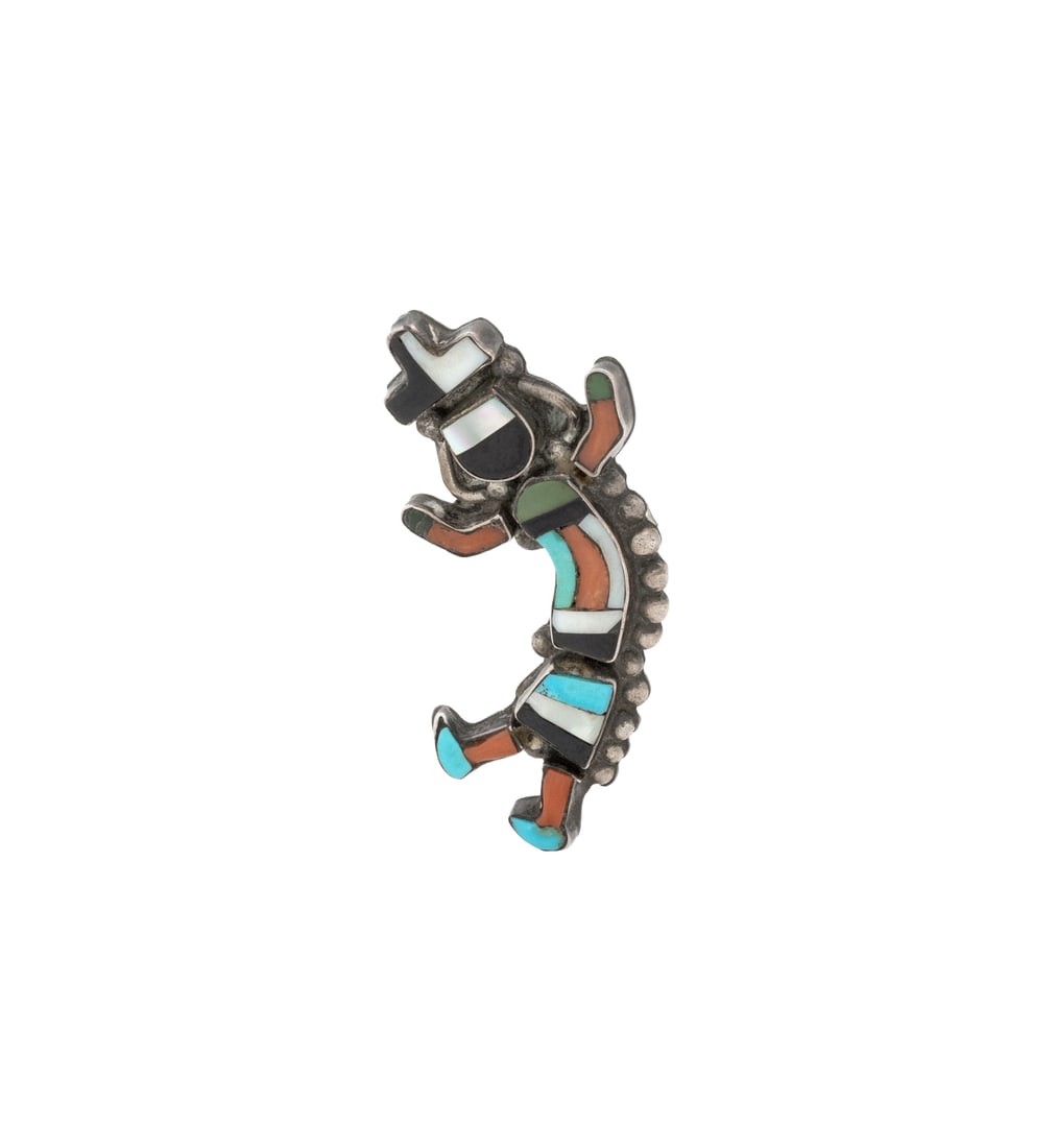 Zuni Inlaid Sterling Silver Rainbow Man Brooch: Zuni Multi-Gemstone Inlaid Sterling Silver Rainbow Man Brooch, designed as sterling silver with inlaid chalcedony, coral, mother of pear, onyx and turquoise, depicting the Native American deity known