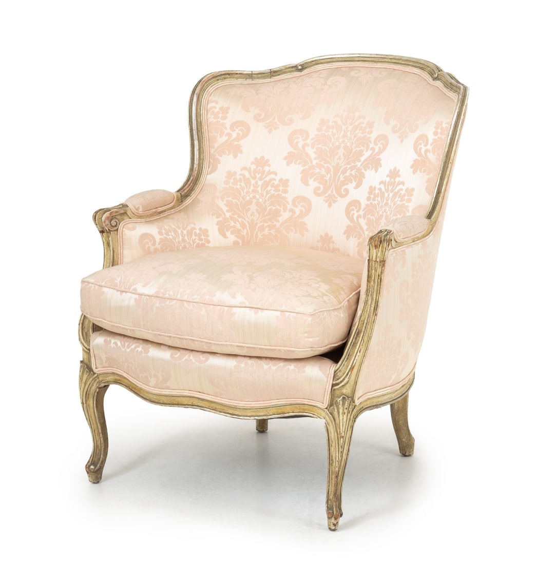 Louis XV Style Pink Silk Damask Bergere: Louis XV Style Pink Silk Damask Upholstered Bergere, giltwood frame with cabriole legs. 35" H x 27.25" W x 30" D; seat: 18.5" H. Provenance: From an East 74th Street Estate. Keywords: French Furniture