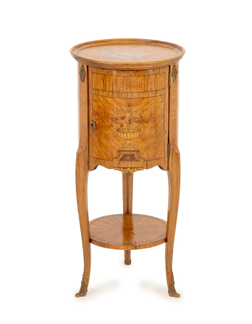 Louis XV Style Kingwood Marquetry Bedside Cabinet: Louis XV Style Kingwood and Marquetry Bedside Cabinet, the circular top with floral marquetry motif above a single door cabinet with ormolu mounts and bouquet marquetry on three cabriole legs with bra