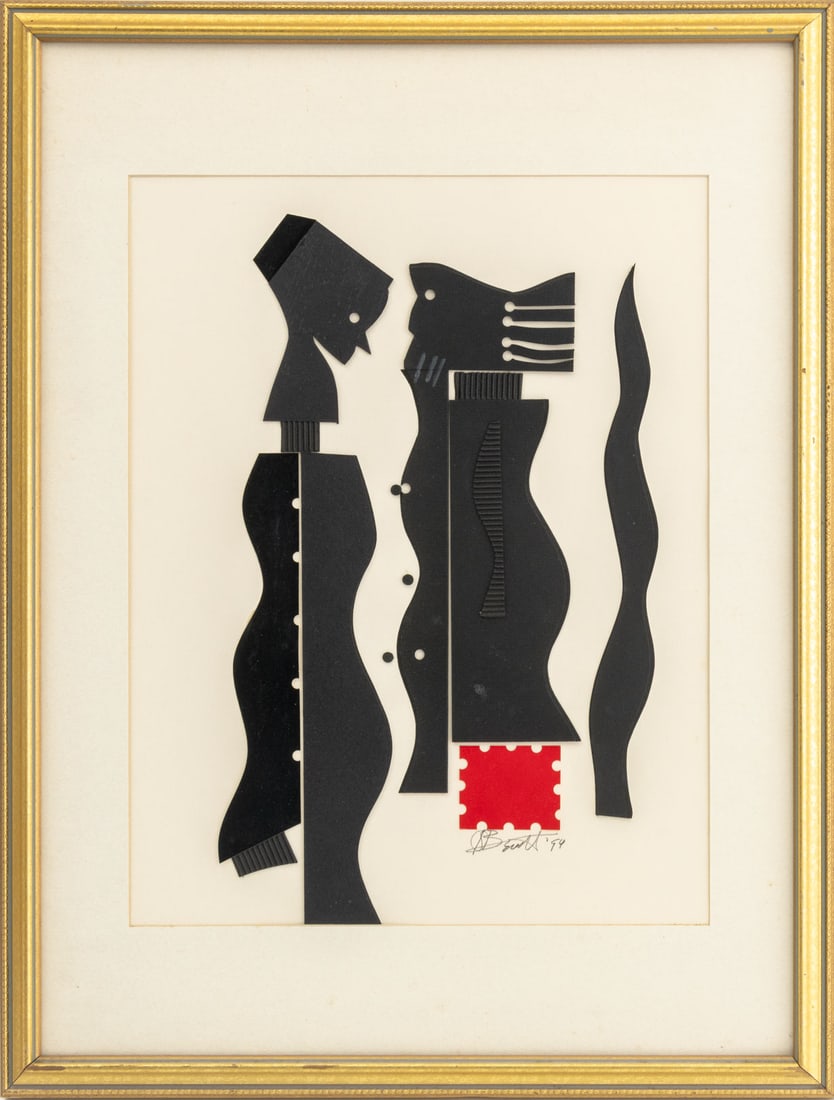 Herb Glenn Bennett Abstract Figures Collage, 1994: Herb Glenn Bennett (American, XX-XXI), Abstract Figures, Collage on Paper, 1994, signed in pencil and dated lower right, giltwood frame. Image: 17.25" H x 13.5" W; frame: 25.5" H x 19.5" W x 1" D. Pro